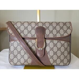 Gucci GG Supreme Shoulder Bag Brown Leather Trim Horsebit Hardware Vintage